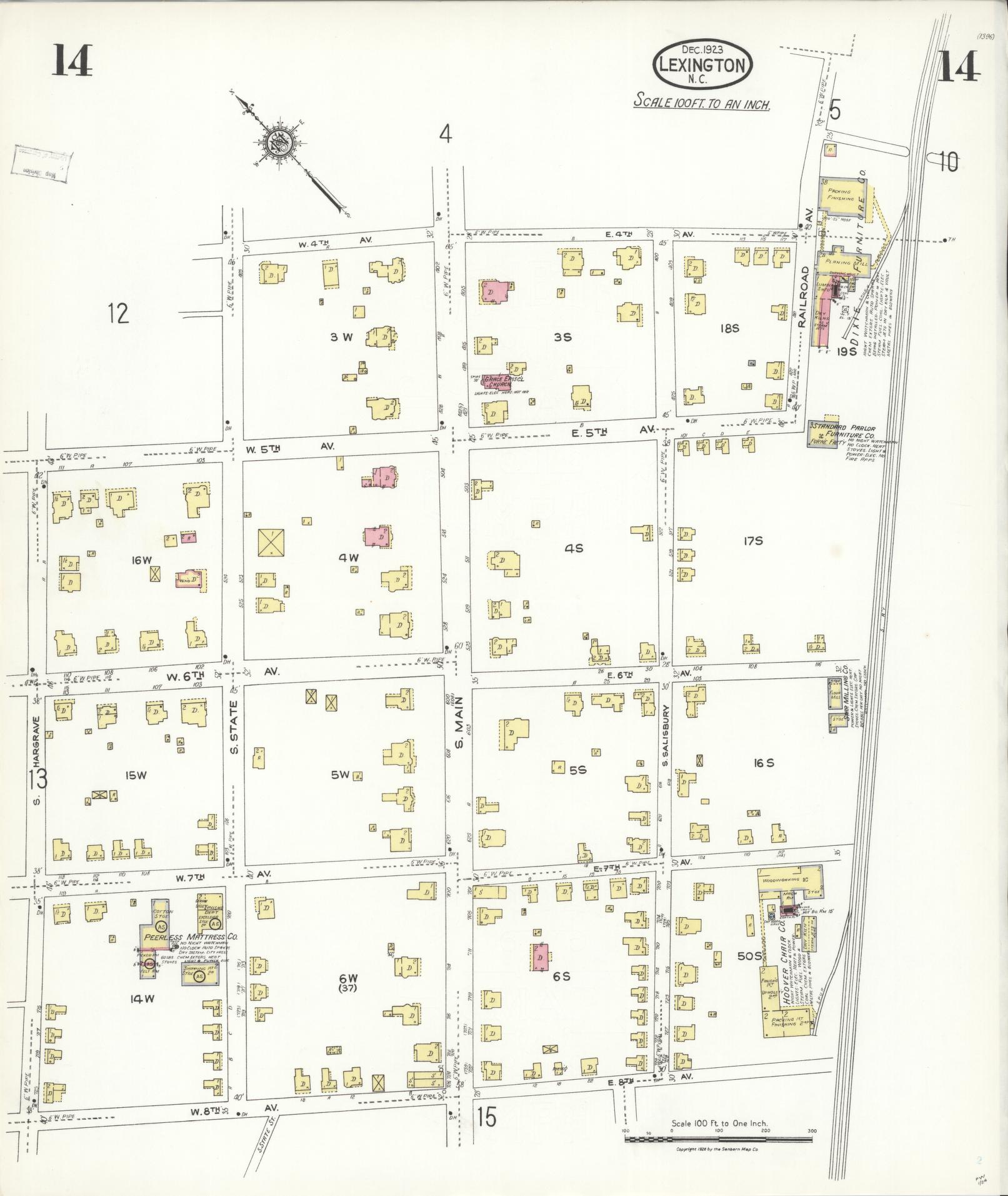 Sanborn Fire Insurance Map from Lexington, Davidson County, North Carolina (1923), Sheet #0014 - Historic Sanborn Fire Insurance Map Print, vintage old map wall art, antique decor, genealogy gift, North Carolina North Carolina map