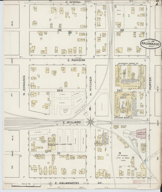 Sanborn Fire Insurance Map from Kalamazoo, Kalamazoo County, Michigan (1887), Sheet #0007 - Historic Sanborn Fire Insurance Map Print, vintage old map wall art, antique decor, genealogy gift, Michigan Michigan map
