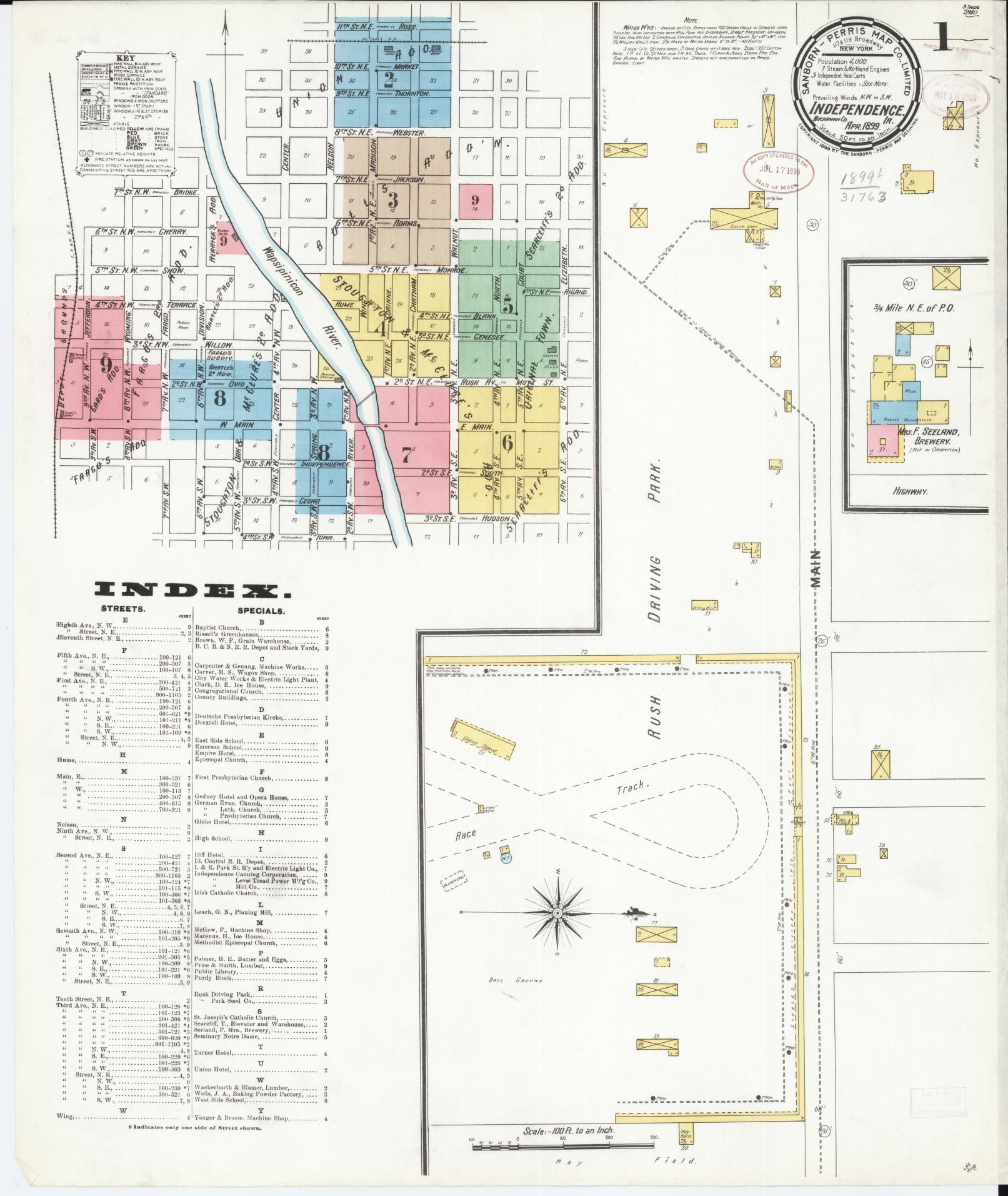 Sanborn Fire Insurance Map from Independence, Buchanan County, Iowa (1899), Sheet #0001 - Historic Sanborn Fire Insurance Map Print, vintage old map wall art