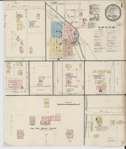 Sanborn Fire Insurance Map from Hillsdale, Hillsdale County, Michigan (1888), Sheet #0001 - Historic Sanborn Fire Insurance Map Print, vintage old map wall art, antique decor, genealogy gift, Michigan Michigan map