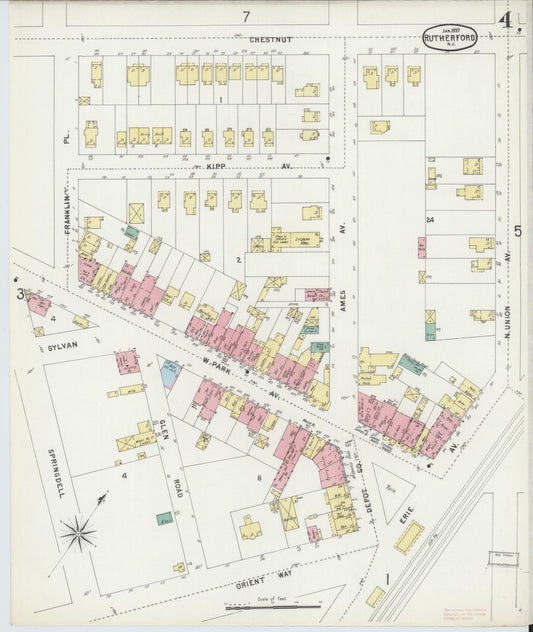 Sanborn Fire Insurance Map from Rutherford, Bergen County, New Jersey (1897), Sheet #0004 - Historic Sanborn Fire Insurance Map Print, vintage old map wall art, antique decor, genealogy gift, New Jersey New Jersey map
