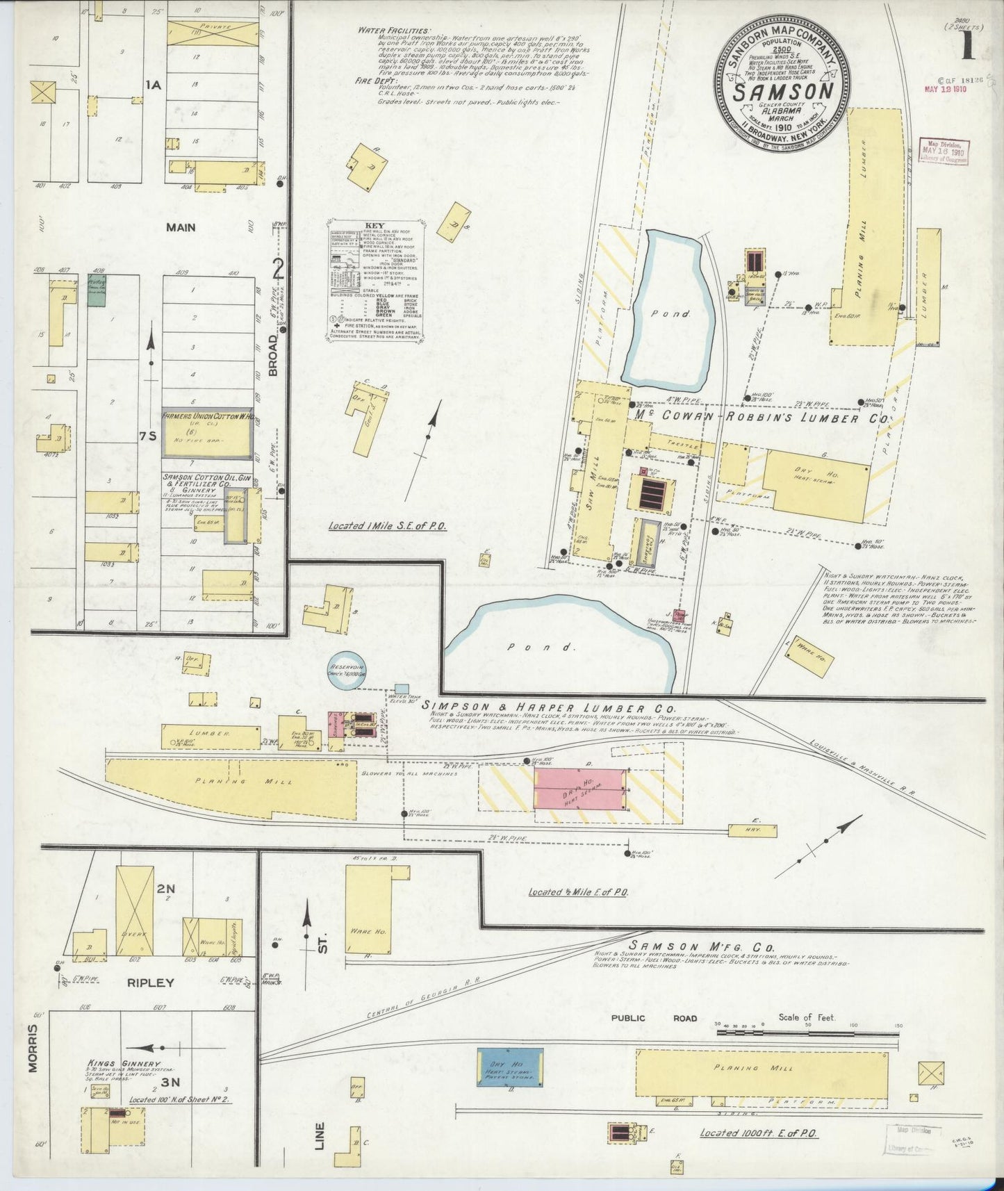Sanborn Fire Insurance Map from Samson, Geneva County, Alabama (1910), Sheet #0001 - Historic Sanborn Fire Insurance Map Print, vintage old map wall art, antique decor, genealogy gift, Alabama Alabama map