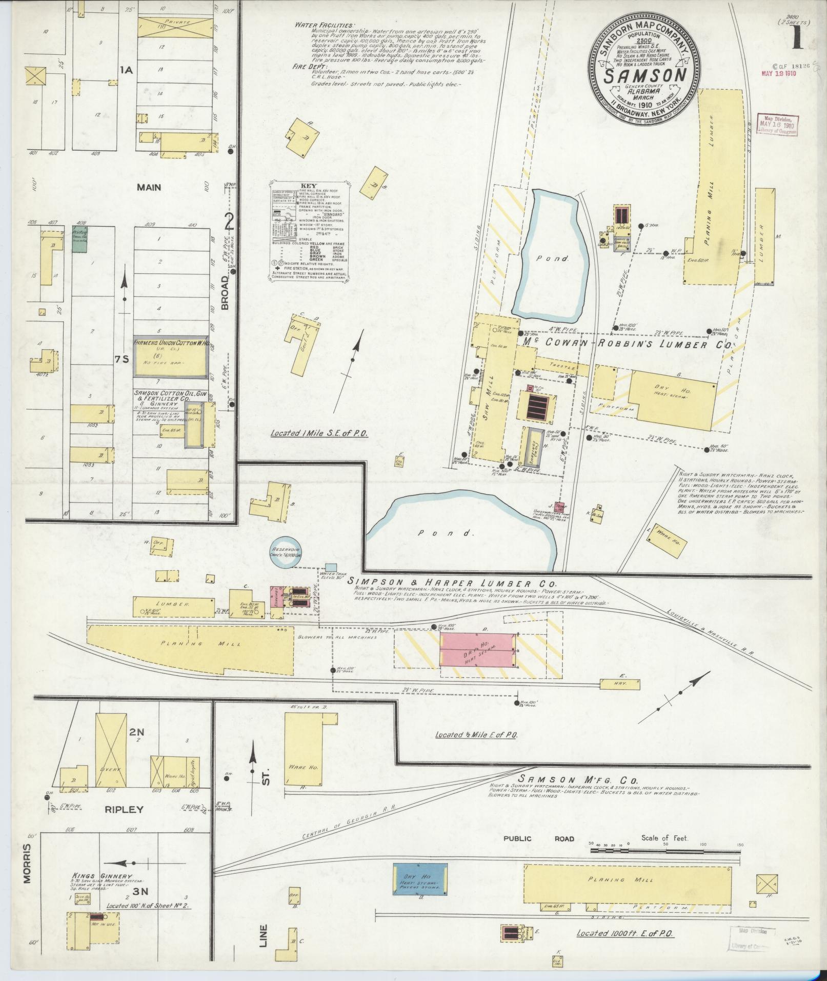 Sanborn Fire Insurance Map from Samson, Geneva County, Alabama (1910), Sheet #0001 - Historic Sanborn Fire Insurance Map Print, vintage old map wall art, antique decor, genealogy gift, Alabama Alabama map