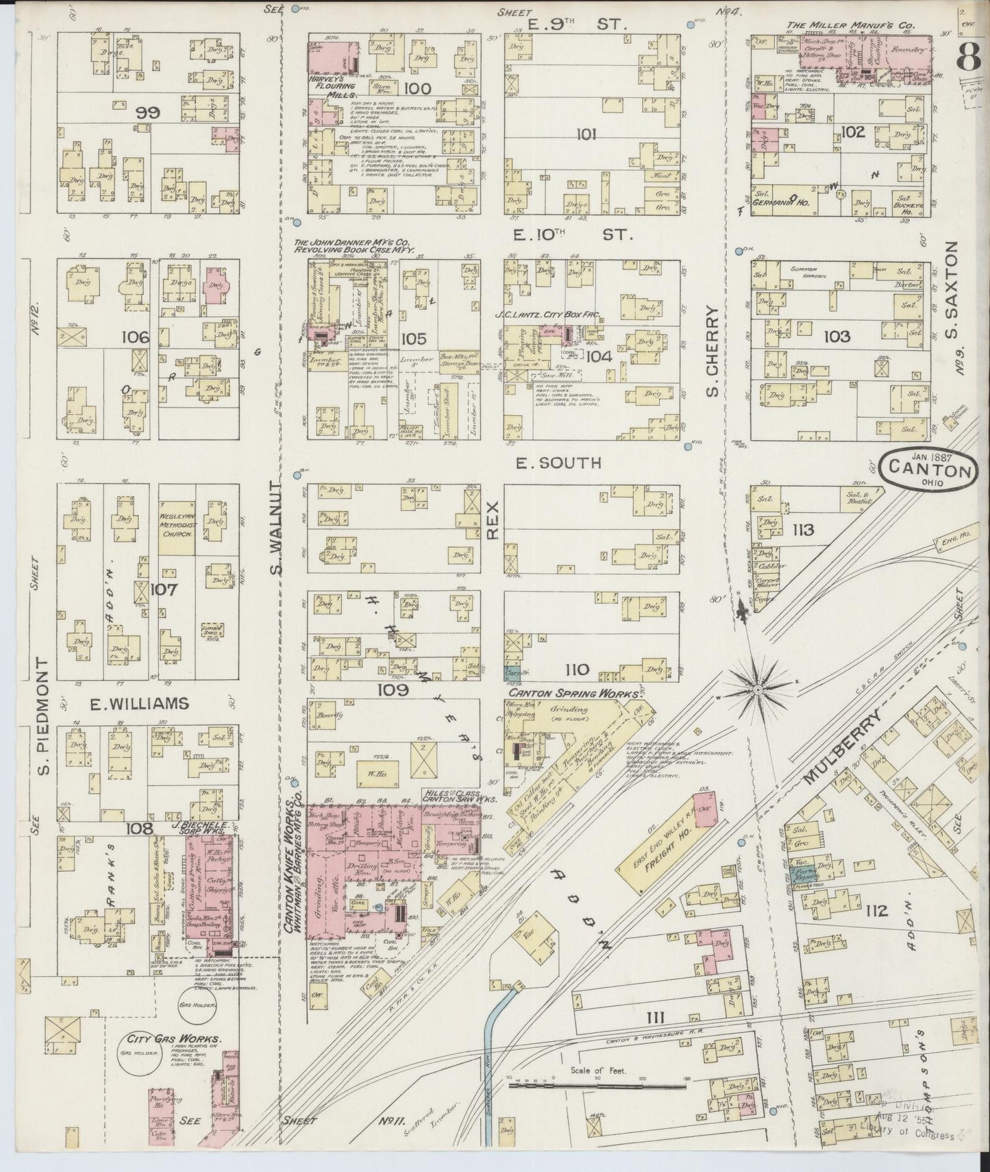 Sanborn Fire Insurance Map from Canton, Stark County, Ohio (1887), Sheet #0008 - Historic Sanborn Fire Insurance Map Print, vintage old map wall art, antique decor, genealogy gift, Ohio Ohio map