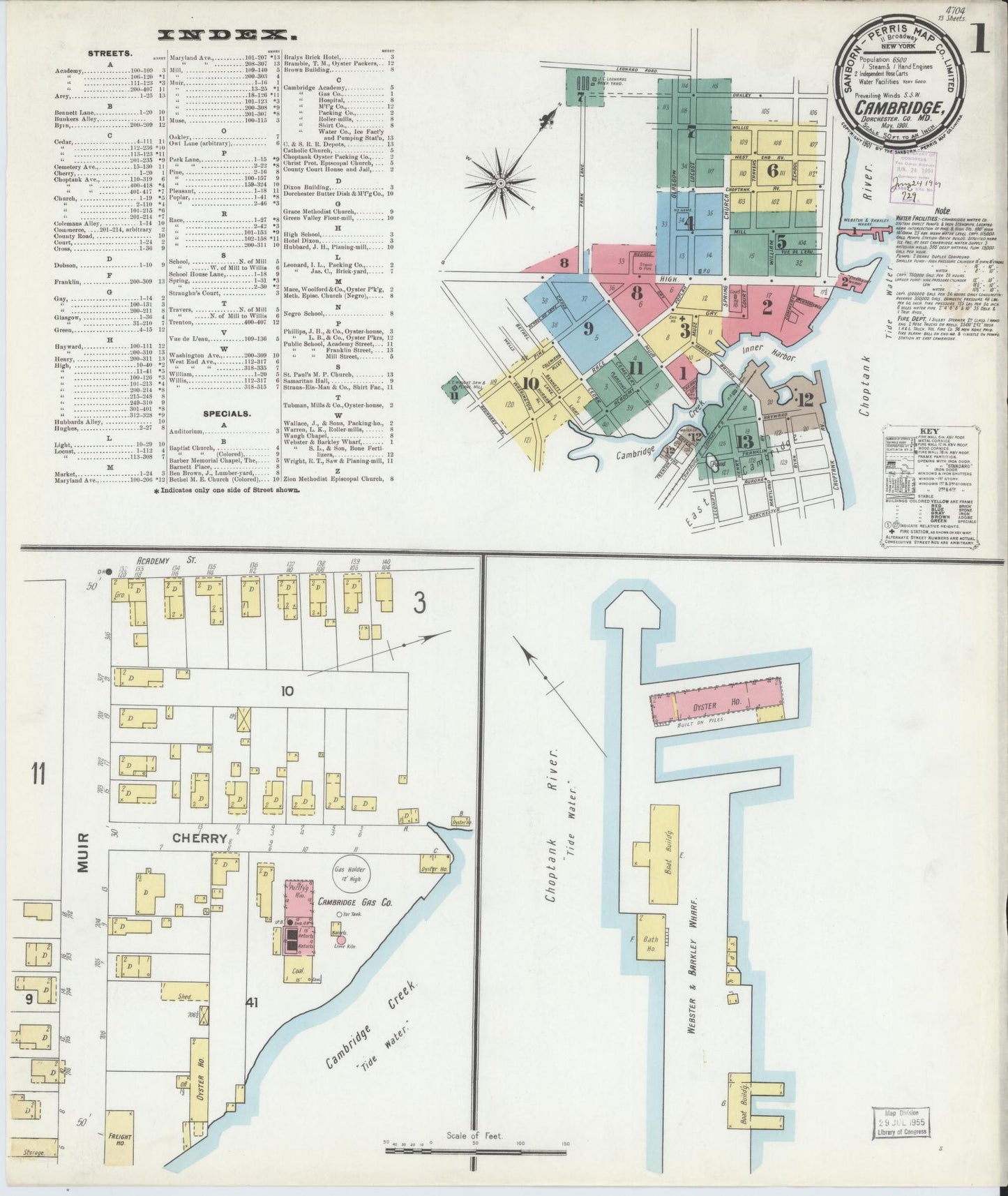 Sanborn Fire Insurance Map from Cambridge, Dorchester County, Maryland (1901), Sheet #0001 - Complete Map Set gallery image, historic Sanborn map, vintage wall art, Maryland Maryland
