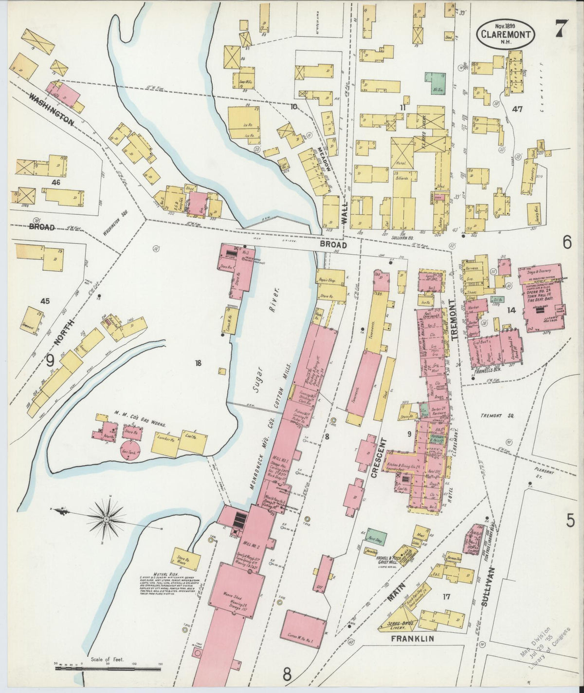 Sanborn Fire Insurance Map from Claremont, Sullivan County, New Hampshire (1899), Sheet #0007 - Historic Sanborn Fire Insurance Map Print, vintage old map wall art, antique decor, genealogy gift, New Hampshire New Hampshire map