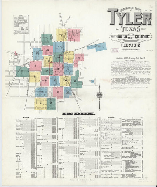 Sanborn Fire Insurance Map from Tyler, Smith County, Texas (1912), Sheet #0001 - Historic Sanborn Fire Insurance Map Print, vintage old map wall art, antique decor, genealogy gift, Texas Texas map