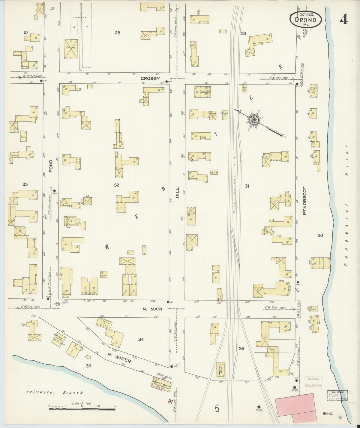 Sanborn Fire Insurance Map from Orono, Penobscot County, Maine (1912), Sheet #0004 - Historic Sanborn Fire Insurance Map Print, vintage old map wall art, antique decor, genealogy gift, Maine Maine map