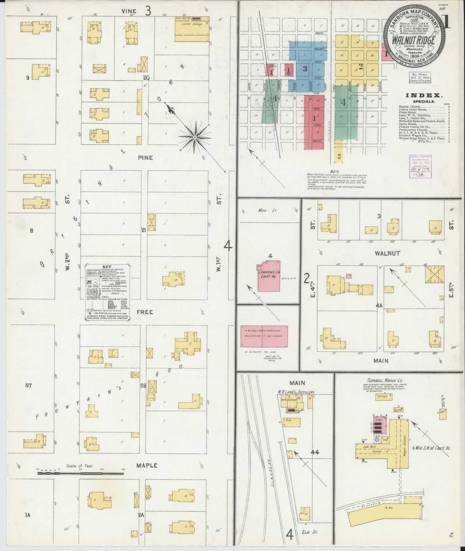 Sanborn Fire Insurance Map from Walnut Ridge, Lawrence County, Arkansas (1904), Sheet #0001 - Historic Sanborn Fire Insurance Map Print, vintage old map wall art, antique decor, genealogy gift, Arkansas Arkansas map