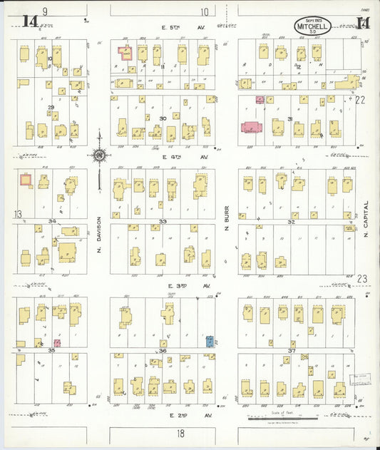 Sanborn Fire Insurance Map from Mitchell, Davison County, South Dakota (1923), Sheet #0014 - Historic Sanborn Fire Insurance Map Print, vintage old map wall art, antique decor, genealogy gift, South Dakota South Dakota map