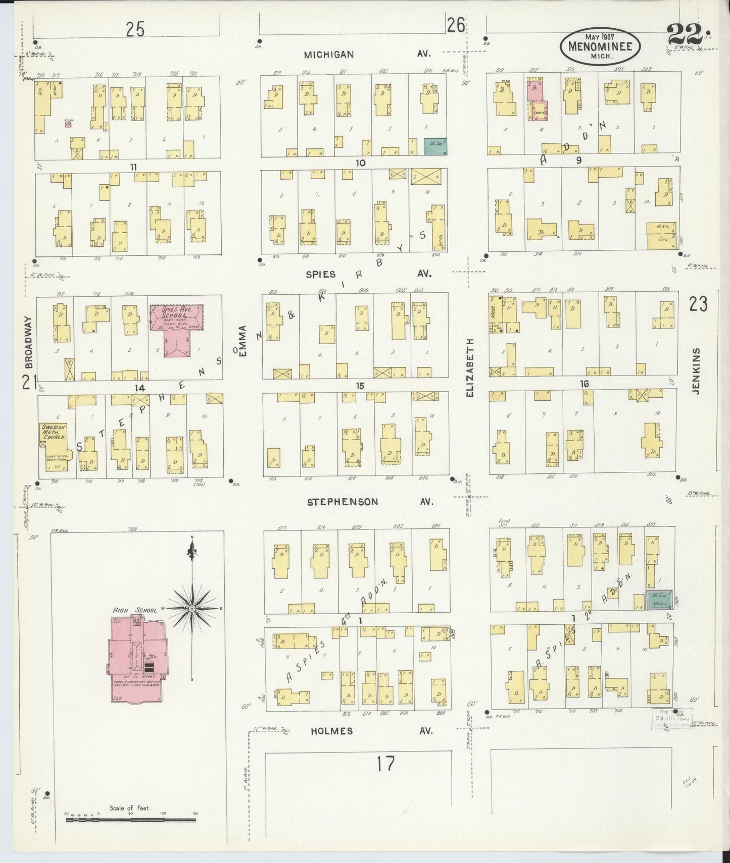 Sanborn Fire Insurance Map from Menominee, Menominee County, Michigan (1907), Sheet #0022 - Complete Map Set gallery image, historic Sanborn map, vintage wall art, Michigan Michigan