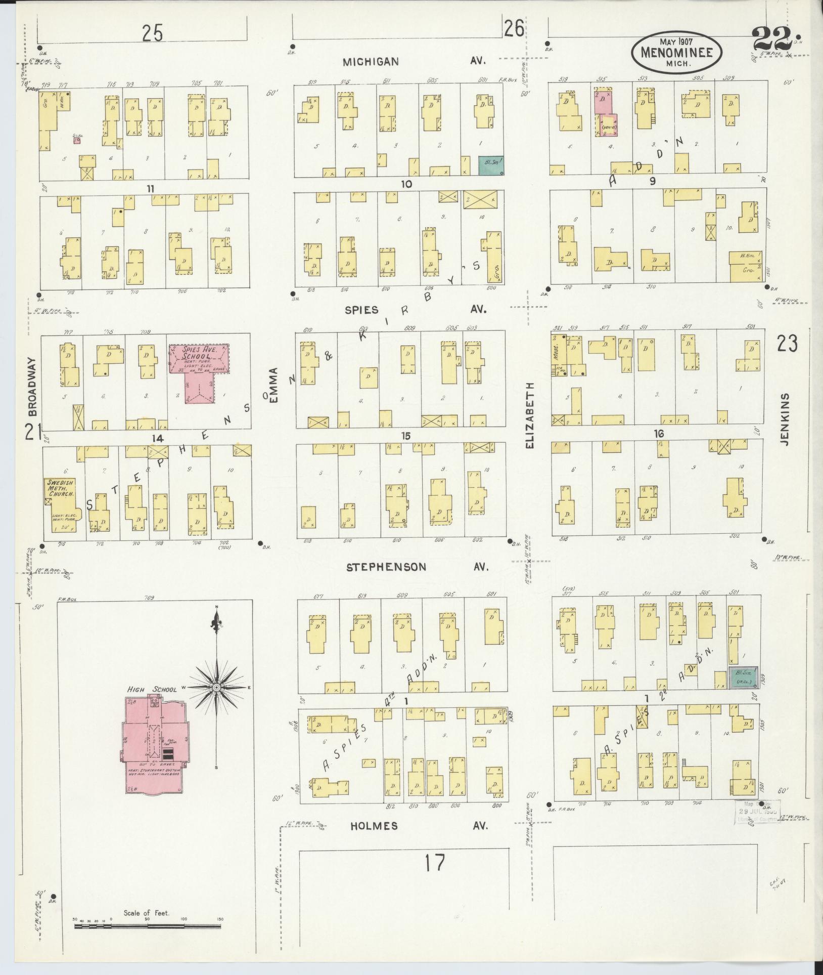 Sanborn Fire Insurance Map from Menominee, Menominee County, Michigan (1907), Sheet #0022 - Complete Map Set gallery image, historic Sanborn map, vintage wall art, Michigan Michigan