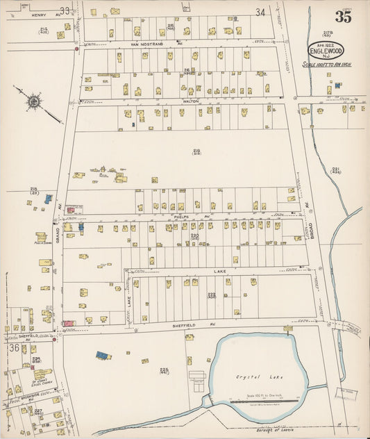 Sanborn Fire Insurance Map from Englewood, Bergen County, New Jersey (1922), Sheet #0035 - Historic Sanborn Fire Insurance Map Print, vintage old map wall art, antique decor, genealogy gift, New Jersey New Jersey map