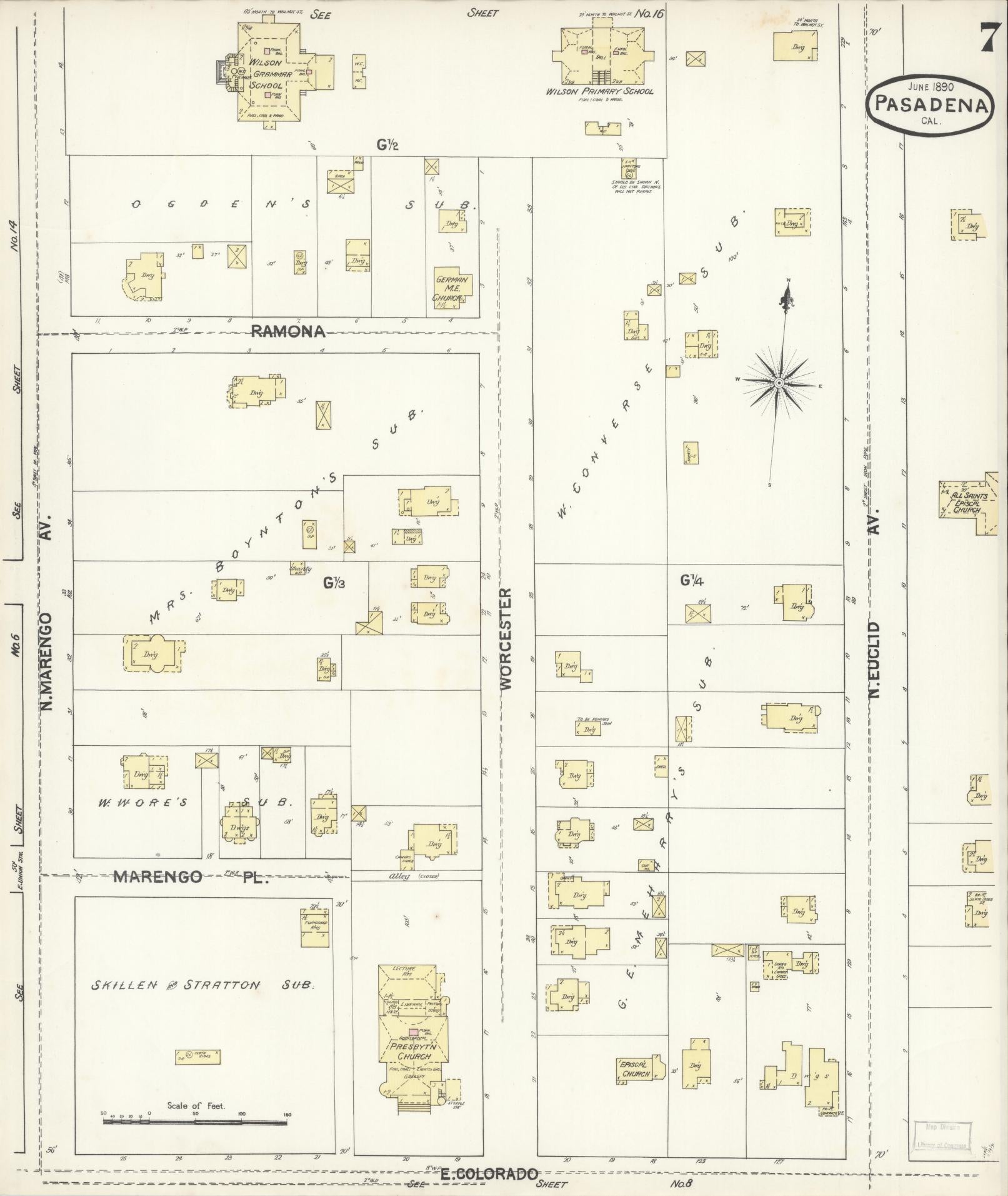 Sanborn Fire Insurance Map from Pasadena, Los Angeles County, California (1890), Sheet #0007 - Complete Map Set gallery image, historic Sanborn map, vintage wall art, California California