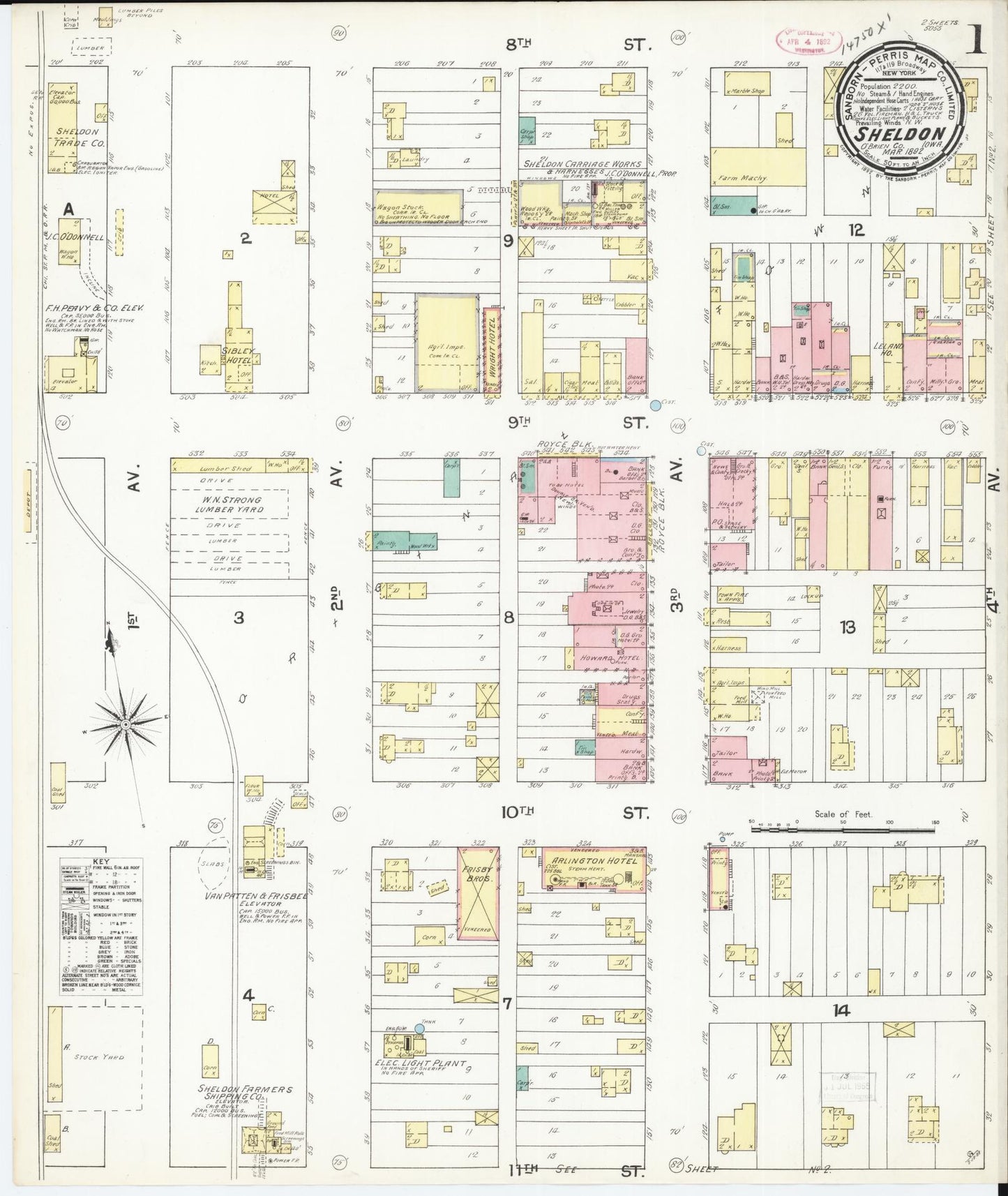 Sanborn Fire Insurance Map from Sheldon, O'Brien County, Iowa (1892), Sheet #0001 - Historic Sanborn Fire Insurance Map Print, vintage old map wall art