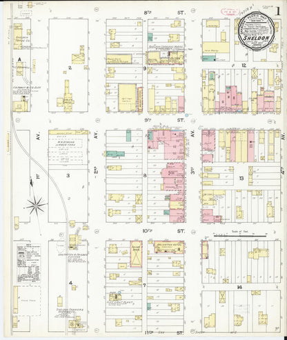 Sanborn Fire Insurance Map from Sheldon, O'Brien County, Iowa (1892), Sheet #0001 - Historic Sanborn Fire Insurance Map Print, vintage old map wall art