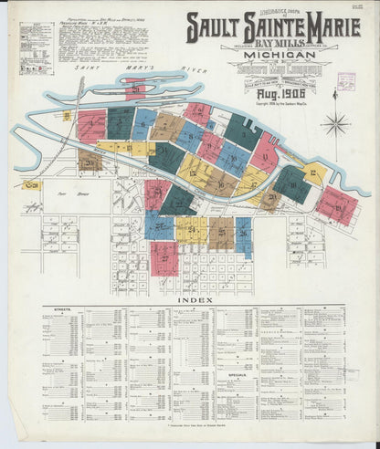 Sanborn Fire Insurance Map from Sault Sainte Marie, Chippewa County, Michigan (1906), Sheet #0001 - Complete Map Set gallery image, historic Sanborn map, vintage wall art, Michigan Michigan