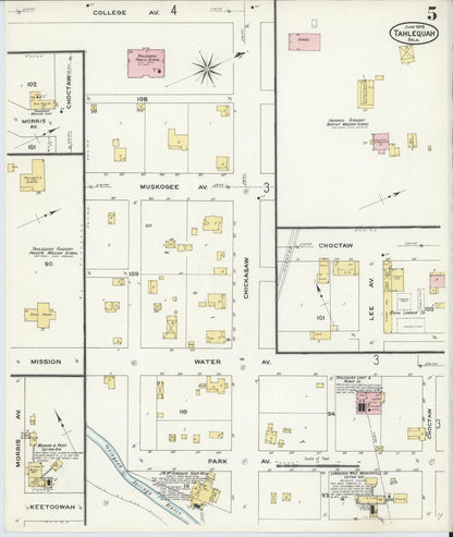Sanborn Fire Insurance Map from Tahlequah, Cherokee County, Oklahoma (1909), Sheet #0005 - Complete Map Set gallery image, historic Sanborn map, vintage wall art, Oklahoma Oklahoma