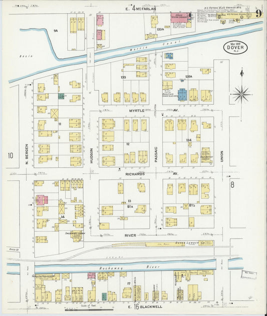 Sanborn Fire Insurance Map from Dover, Morris County, New Jersey (1909), Sheet #0009 - Historic Sanborn Fire Insurance Map Print, vintage old map wall art, antique decor, genealogy gift, New Jersey New Jersey map