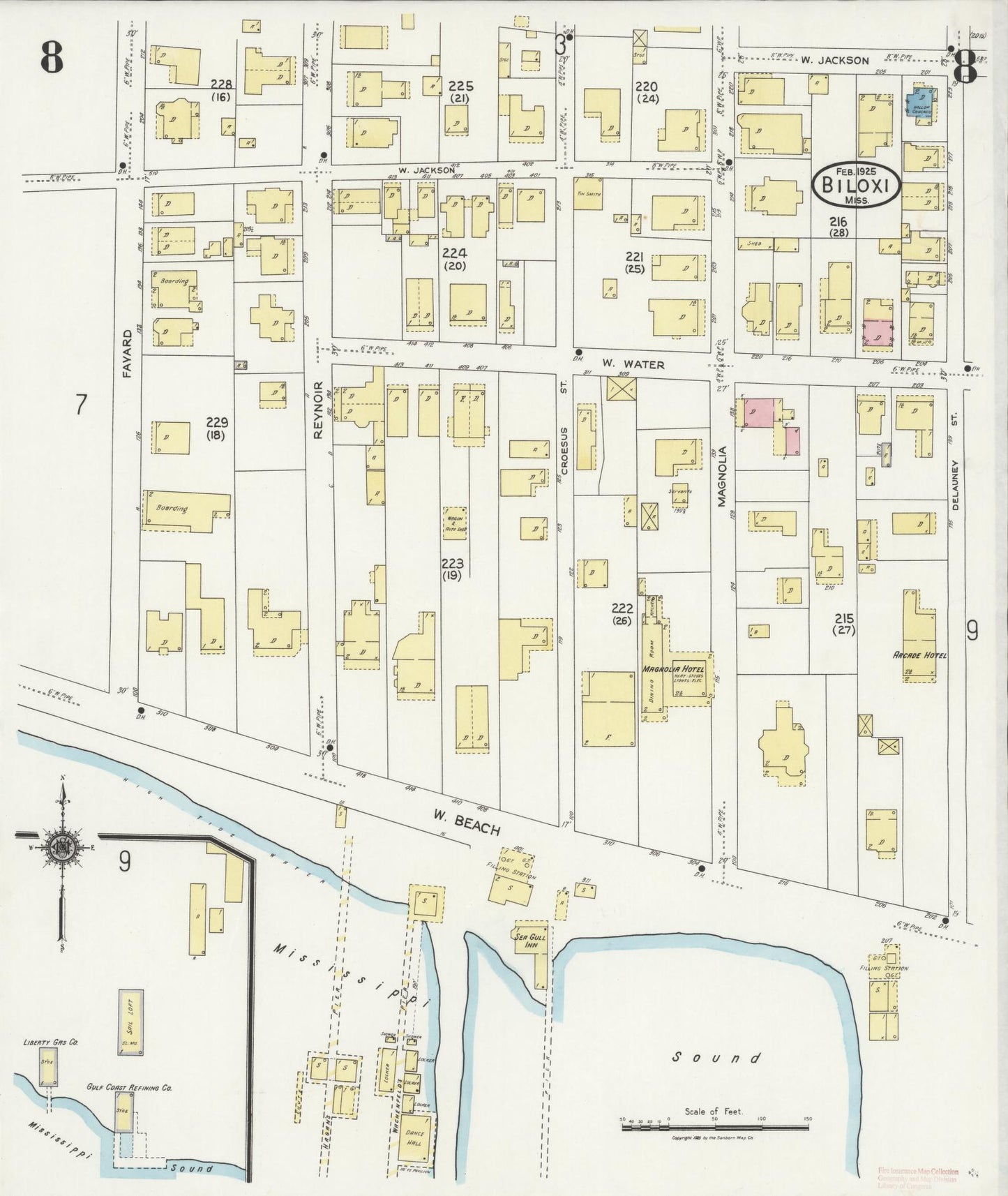 Sanborn Fire Insurance Map from Biloxi, Harrison County, Mississippi (1925), Sheet #0008 - Historic Sanborn Fire Insurance Map Print, vintage old map wall art, antique decor, genealogy gift, Mississippi Mississippi map