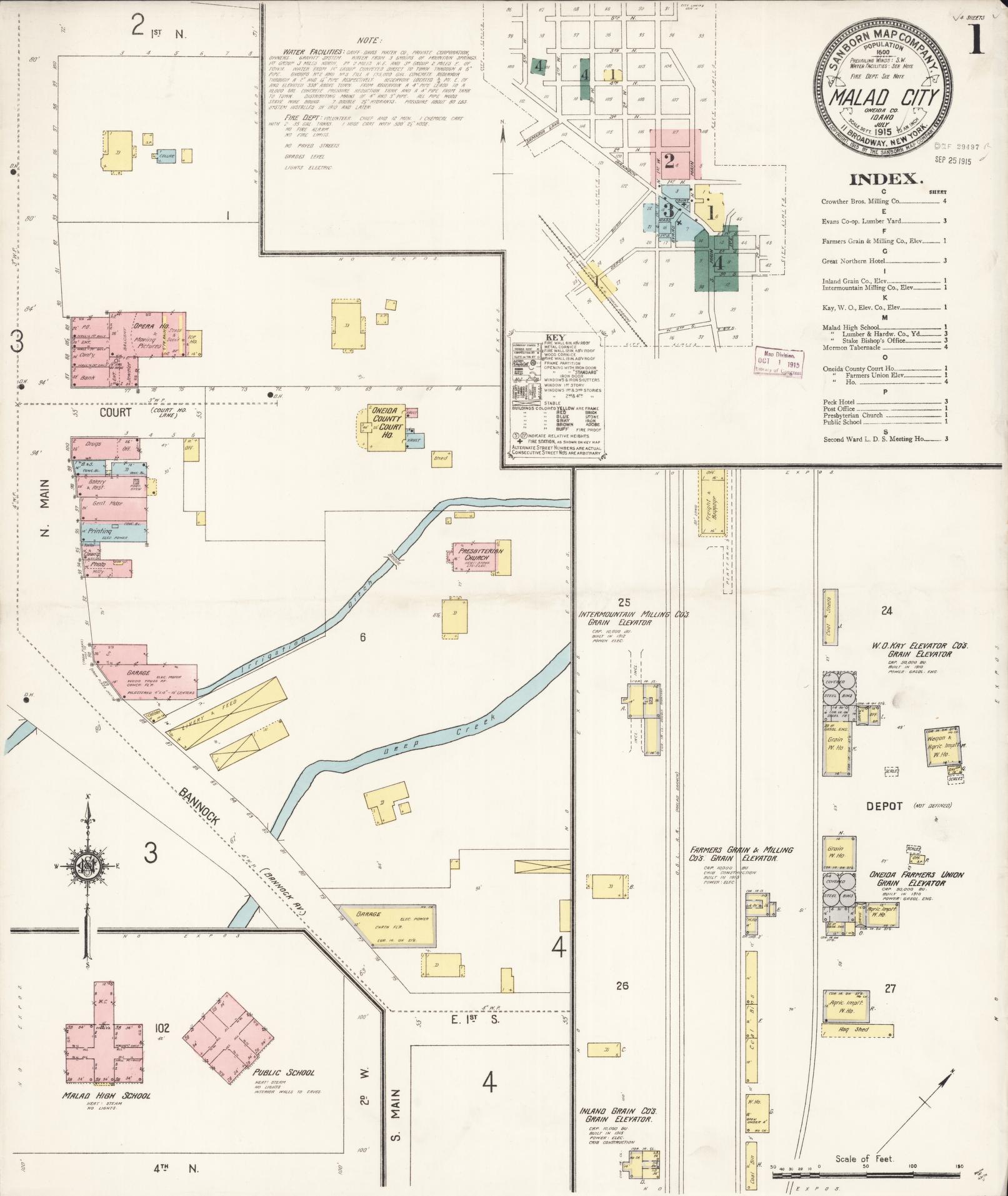 Sanborn Fire Insurance Map from Malad City, Oneida County, Idaho (1915), Sheet #0001 - Historic Sanborn Fire Insurance Map Print, vintage old map wall art, antique decor, genealogy gift, Idaho Idaho map