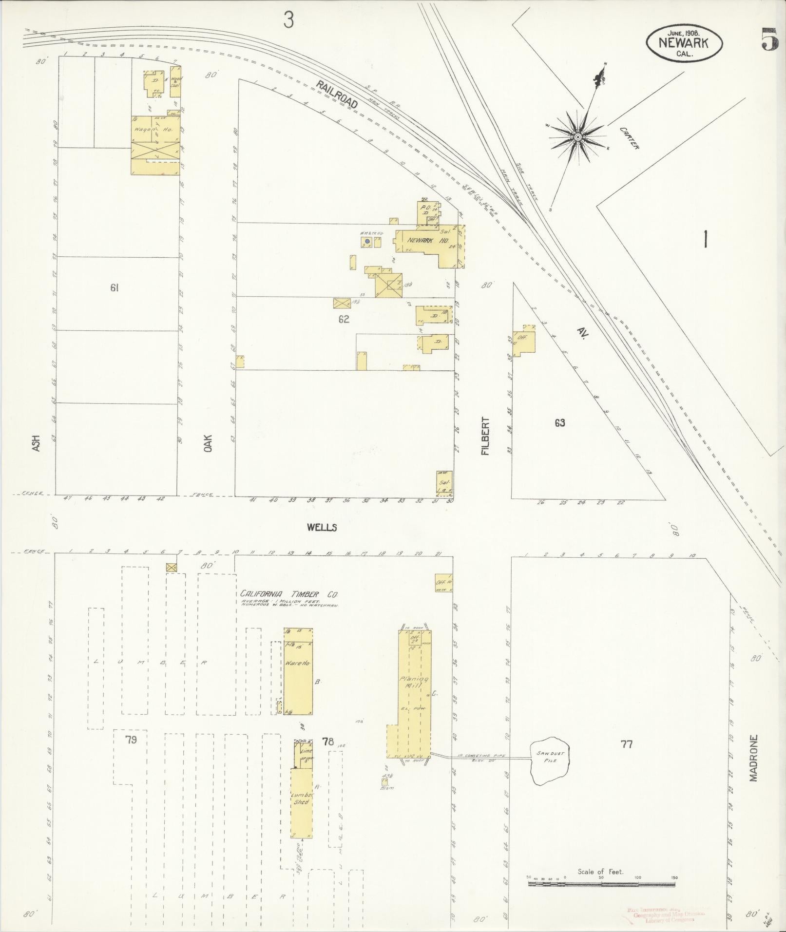 Sanborn Fire Insurance Map from Newark, Alameda County, California (1908), Sheet #0005 - Historic Sanborn Fire Insurance Map Print, vintage old map wall art, antique decor, genealogy gift, California California map