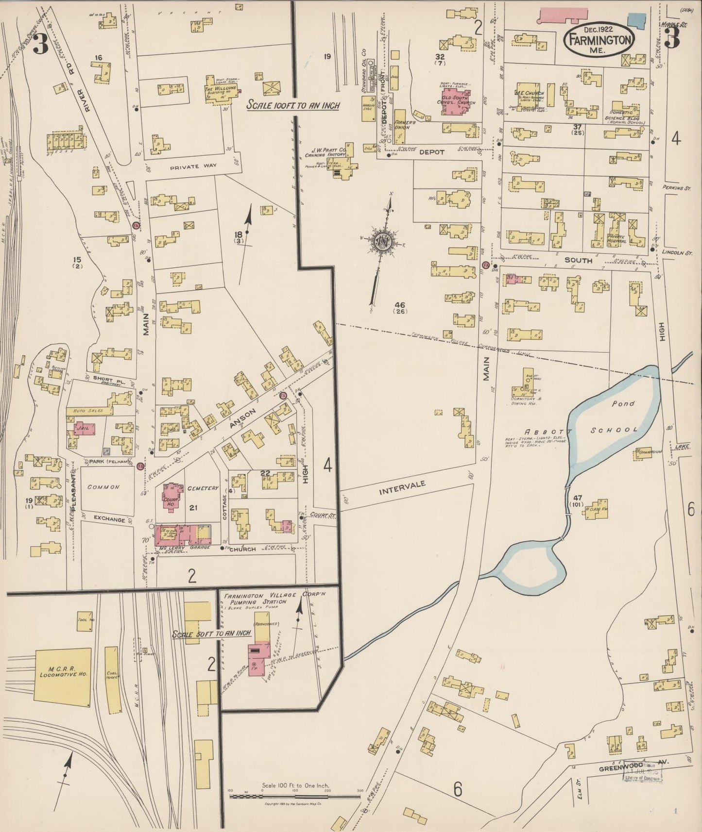 Sanborn Fire Insurance Map from Farmington, Franklin County, Maine (1922), Sheet #0003 - Complete Map Set gallery image, historic Sanborn map, vintage wall art, Maine Maine