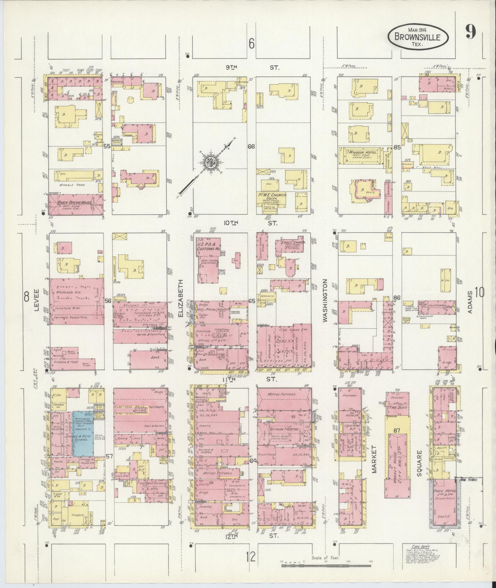 Sanborn Fire Insurance Map from Brownsville, Cameron County, Texas (1914), Sheet #0009 - Historic Sanborn Fire Insurance Map Print, vintage old map wall art, antique decor, genealogy gift, Texas Texas map