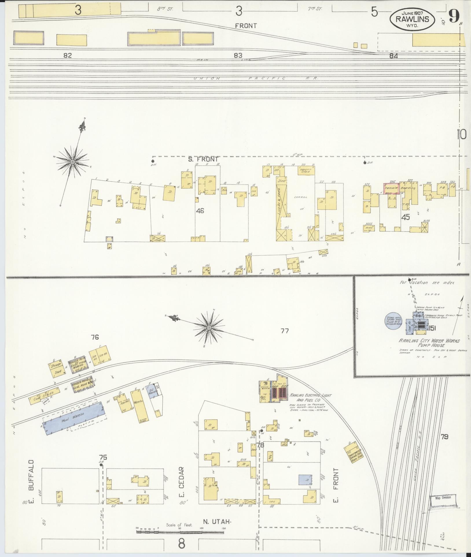Sanborn Fire Insurance Map from Rawlins, Carbon County, Wyoming (1907), Sheet #0009 - Historic Sanborn Fire Insurance Map Print, vintage old map wall art, antique decor, genealogy gift, Wyoming Wyoming map