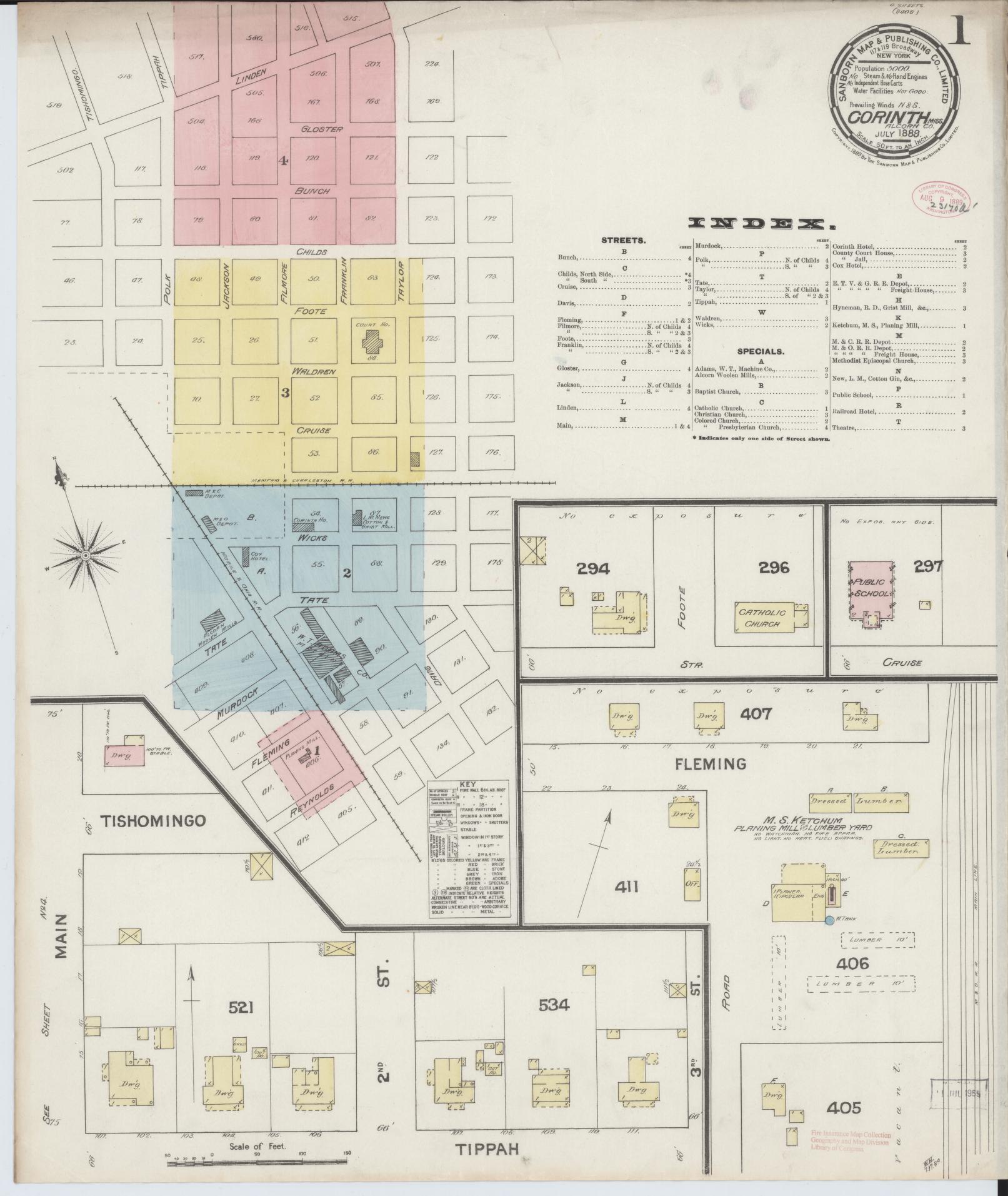 Sanborn Fire Insurance Map from Corinth, Alcorn County, Mississippi (1889), Sheet #0001 - Historic Sanborn Fire Insurance Map Print, vintage old map wall art, antique decor, genealogy gift, Mississippi Mississippi map