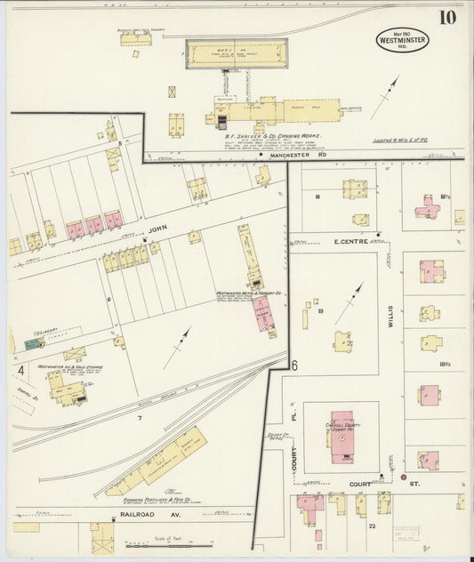 Sanborn Fire Insurance Map from Westminster, Carroll County, Maryland (1910), Sheet #0010 - Historic Sanborn Fire Insurance Map Print, vintage old map wall art, antique decor, genealogy gift, Maryland Maryland map