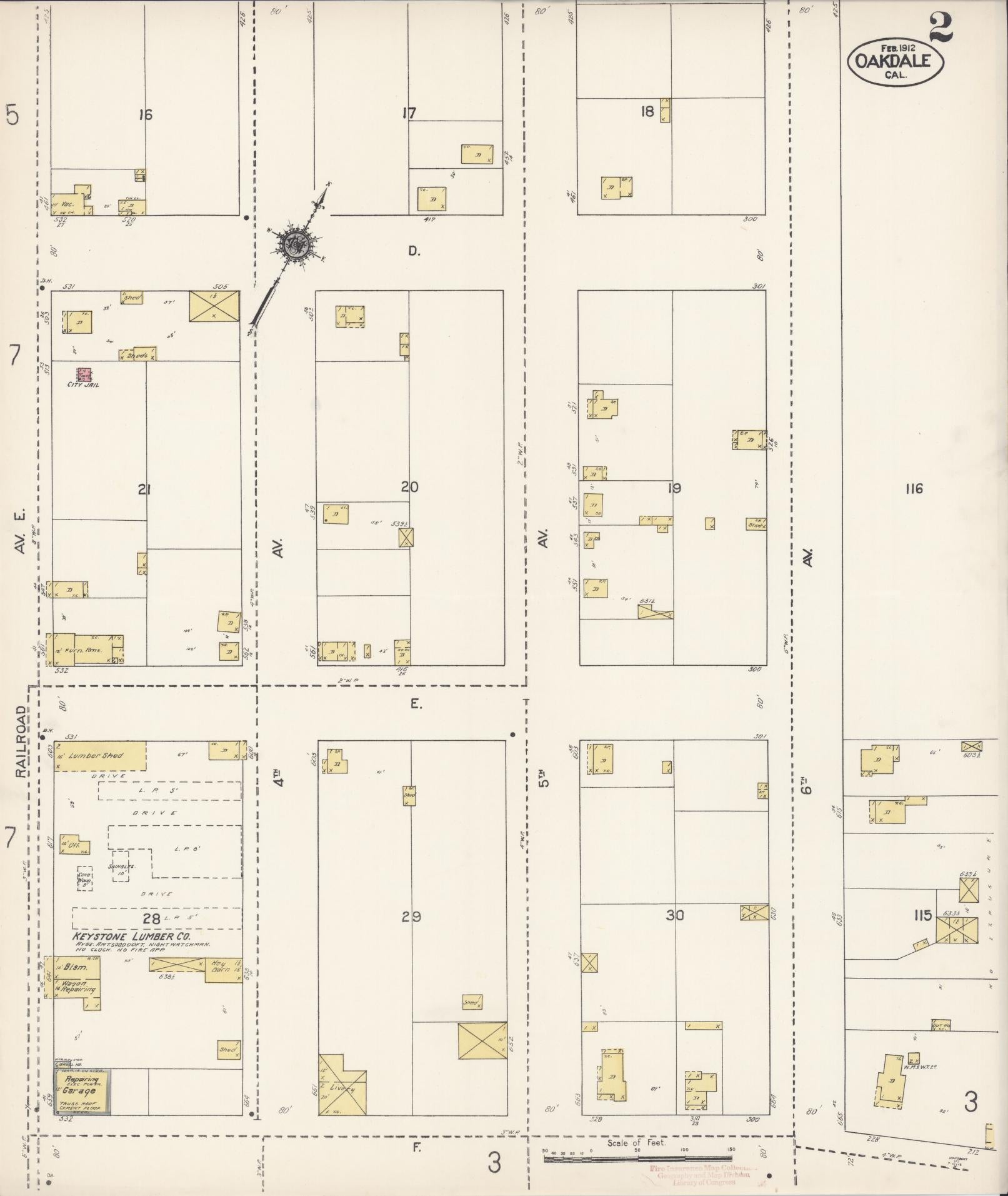 Sanborn Fire Insurance Map from Oakdale, Stanislaus County, California (1912), Sheet #0002 - Historic Sanborn Fire Insurance Map Print, vintage old map wall art, antique decor, genealogy gift, California California map