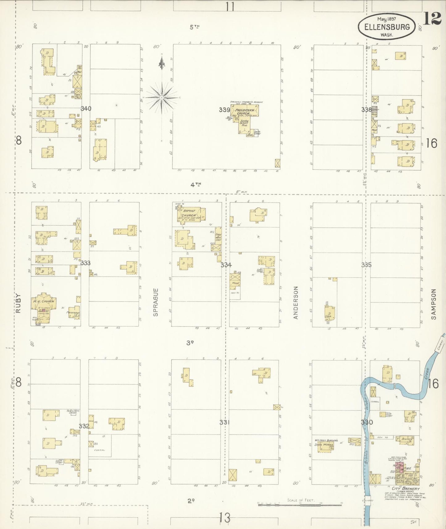 Sanborn Fire Insurance Map from Ellensburg, Kittitas County, Washington (1897), Sheet #0012 - Complete Map Set gallery image, historic Sanborn map, vintage wall art, Washington Washington