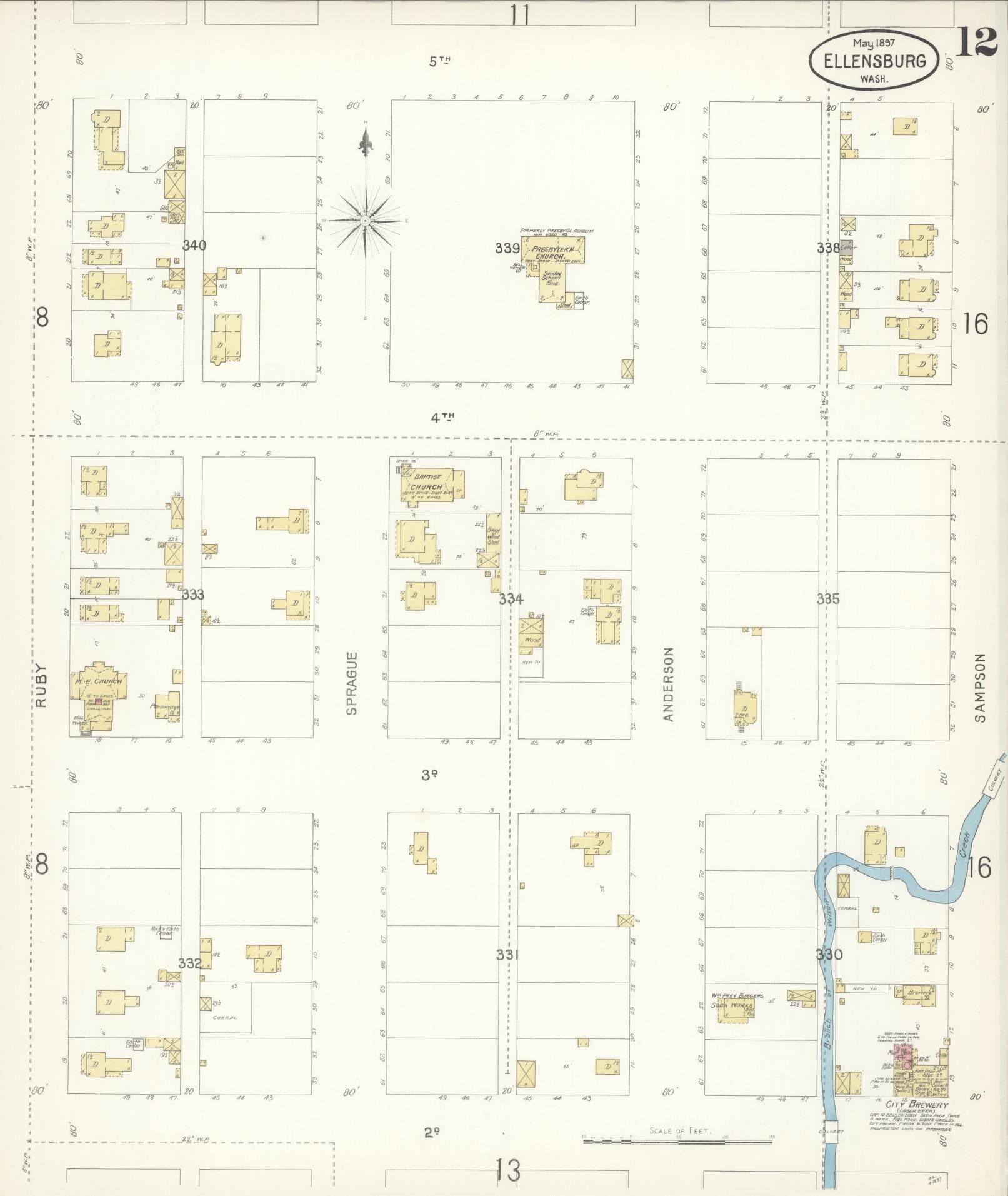 Sanborn Fire Insurance Map from Ellensburg, Kittitas County, Washington (1897), Sheet #0012 - Complete Map Set gallery image, historic Sanborn map, vintage wall art, Washington Washington
