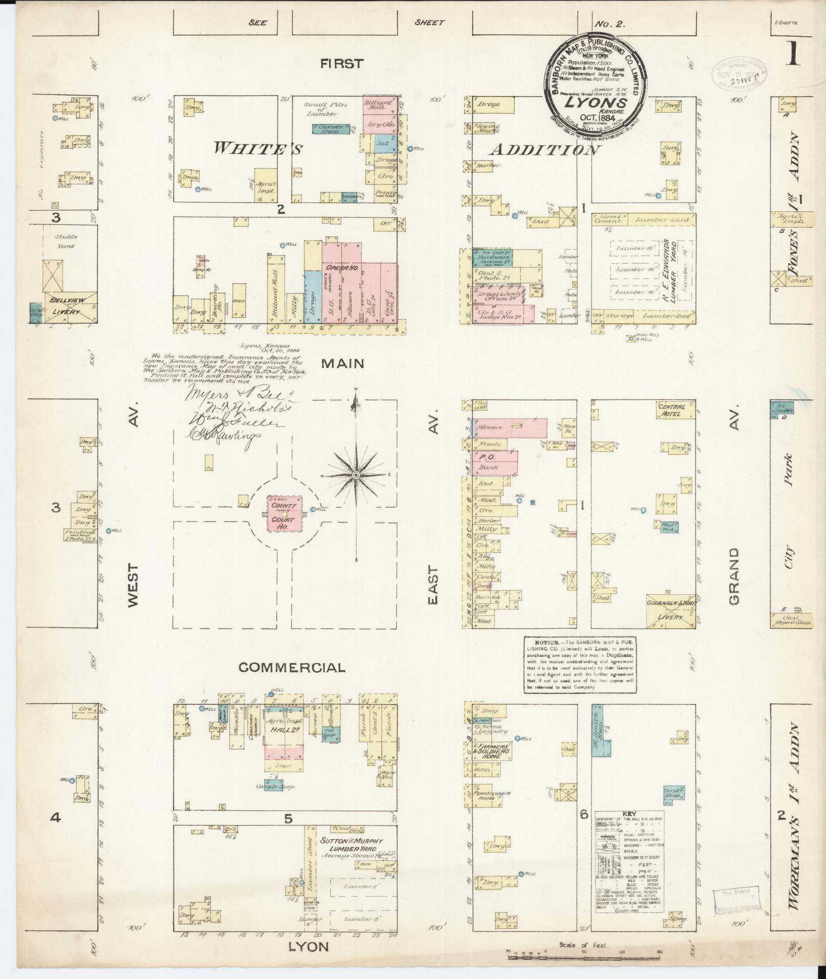 Sanborn Fire Insurance Map from Lyons, Rice County, Kansas (1884), Sheet #0001 - Complete Map Set gallery image, historic Sanborn map, vintage wall art, Kansas Kansas