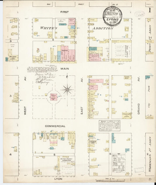 Sanborn Fire Insurance Map from Lyons, Rice County, Kansas (1884), Sheet #0001 - Complete Map Set gallery image, historic Sanborn map, vintage wall art, Kansas Kansas