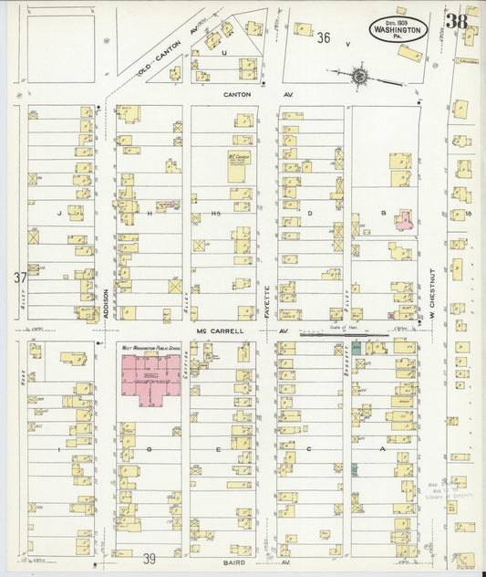 Sanborn Fire Insurance Map from Washington, Washington County, Pennsylvania (1909), Sheet #0038 - Historic Sanborn Fire Insurance Map Print, vintage old map wall art, antique decor, genealogy gift, Pennsylvania Pennsylvania map