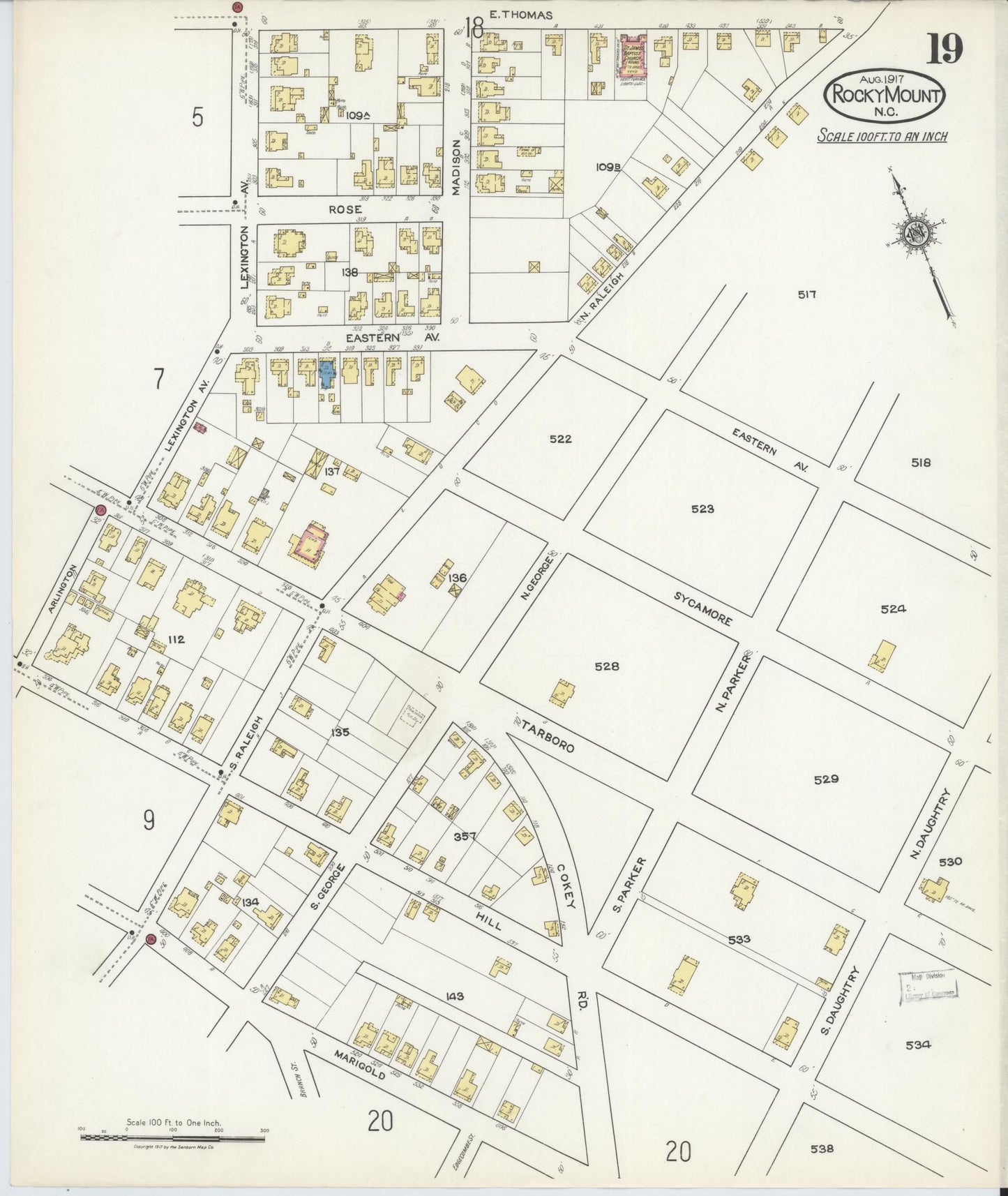 Sanborn Fire Insurance Map from Rocky Mount, Edgecombe And Nash Counties, North Carolina (1917), Sheet #0019 - Complete Map Set gallery image, historic Sanborn map, vintage wall art, North Carolina North Carolina