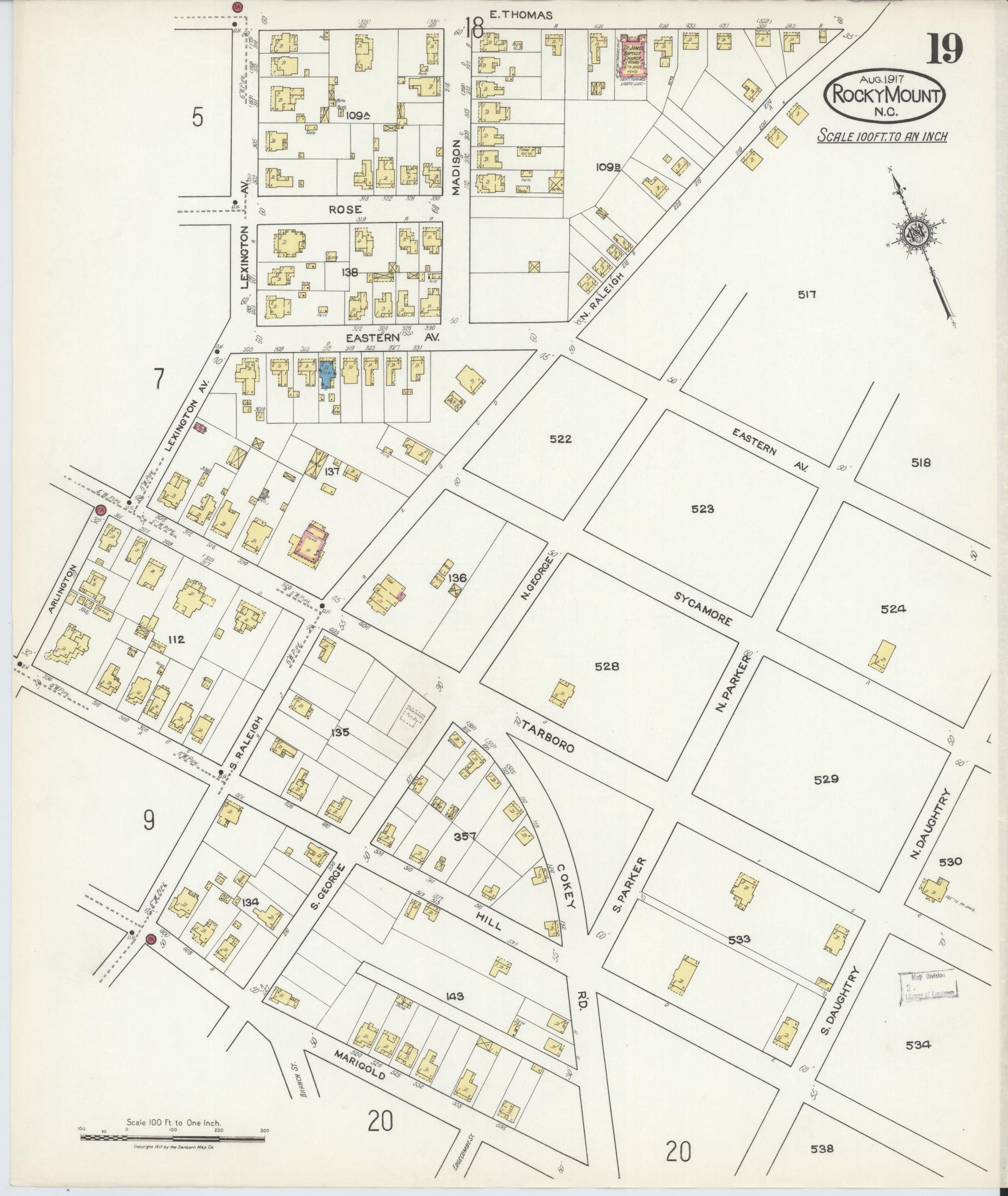 Sanborn Fire Insurance Map from Rocky Mount, Edgecombe And Nash Counties, North Carolina (1917), Sheet #0019 - Complete Map Set gallery image, historic Sanborn map, vintage wall art, North Carolina North Carolina