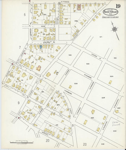 Sanborn Fire Insurance Map from Rocky Mount, Edgecombe And Nash Counties, North Carolina (1917), Sheet #0019 - Complete Map Set gallery image, historic Sanborn map, vintage wall art, North Carolina North Carolina