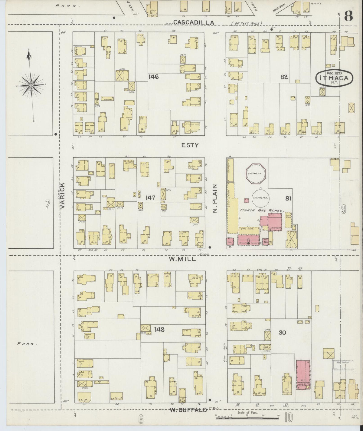 Sanborn Fire Insurance Map from Ithaca, Tompkins County, New York (1893), Sheet #0008 - Historic Sanborn Fire Insurance Map Print, vintage old map wall art, antique decor, genealogy gift, New York New York map