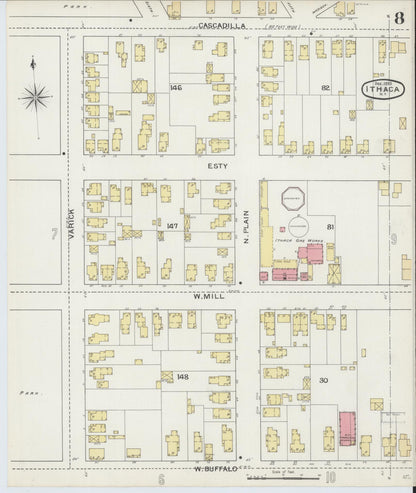 Sanborn Fire Insurance Map from Ithaca, Tompkins County, New York (1893), Sheet #0008 - Historic Sanborn Fire Insurance Map Print, vintage old map wall art, antique decor, genealogy gift, New York New York map