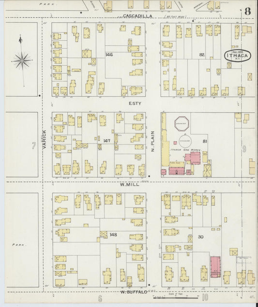 Sanborn Fire Insurance Map from Ithaca, Tompkins County, New York (1893), Sheet #0008 - Historic Sanborn Fire Insurance Map Print, vintage old map wall art, antique decor, genealogy gift, New York New York map
