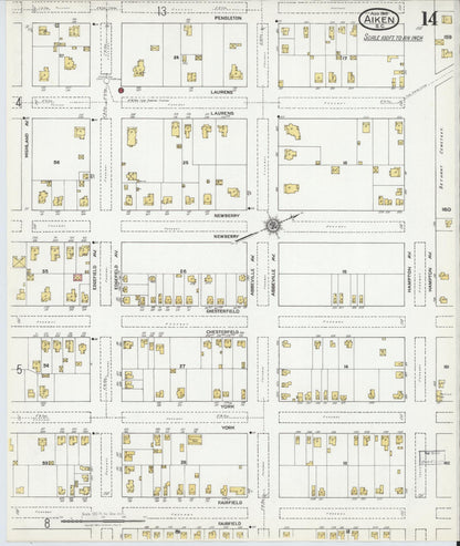 Sanborn Fire Insurance Map from Aiken, Aiken County, South Carolina (1918), Sheet #0014 - Complete Map Set gallery image, historic Sanborn map, vintage wall art, South Carolina South Carolina