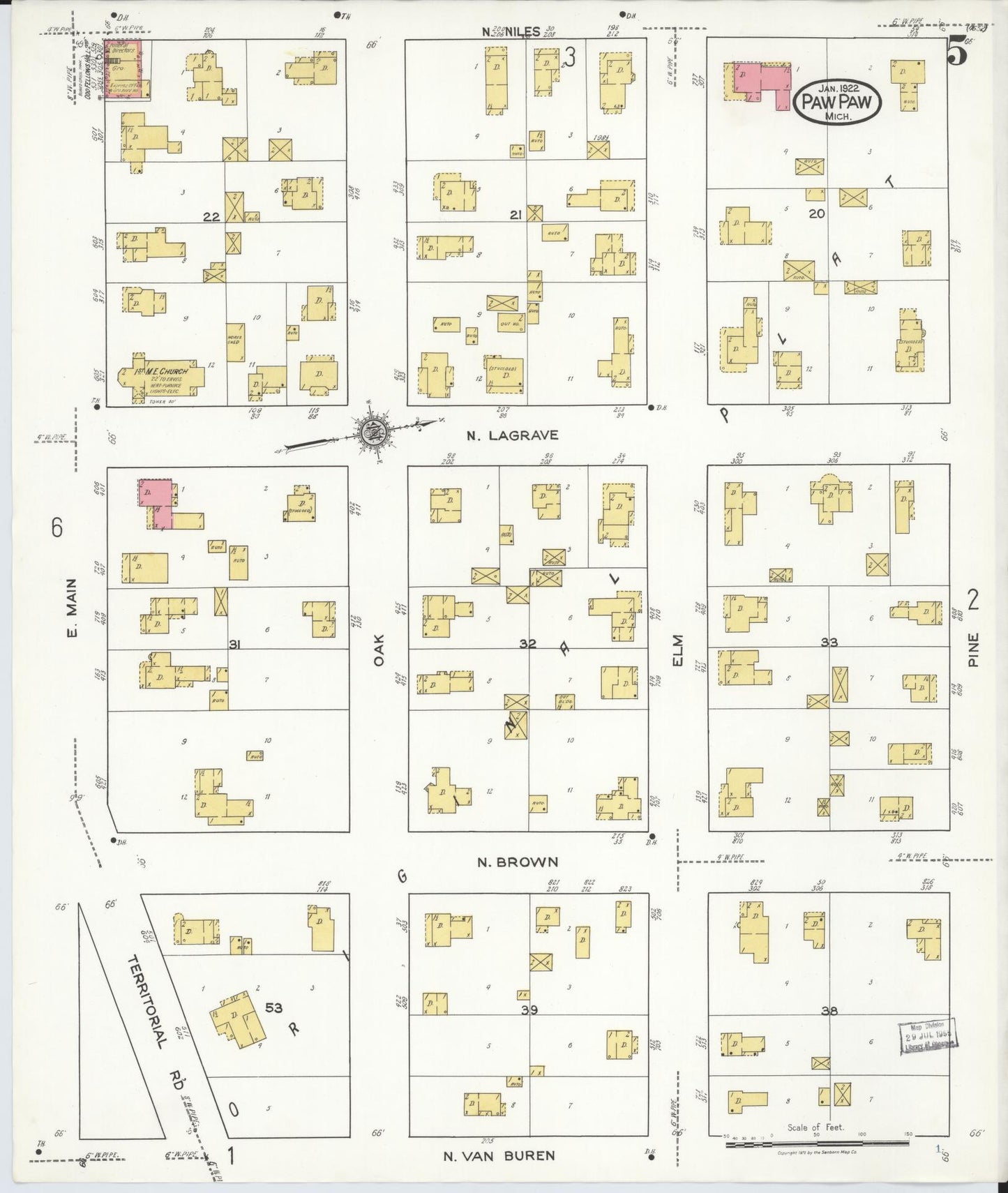 Sanborn Fire Insurance Map from Paw Paw, Van Buren County, Michigan (1922), Sheet #0005 - Complete Map Set gallery image, historic Sanborn map, vintage wall art, Michigan Michigan