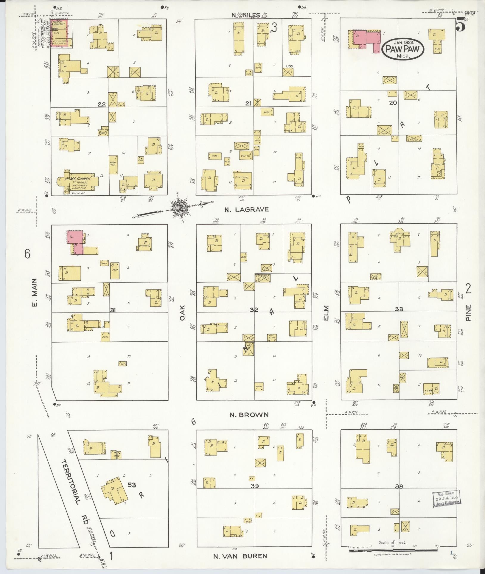 Sanborn Fire Insurance Map from Paw Paw, Van Buren County, Michigan (1922), Sheet #0005 - Complete Map Set gallery image, historic Sanborn map, vintage wall art, Michigan Michigan