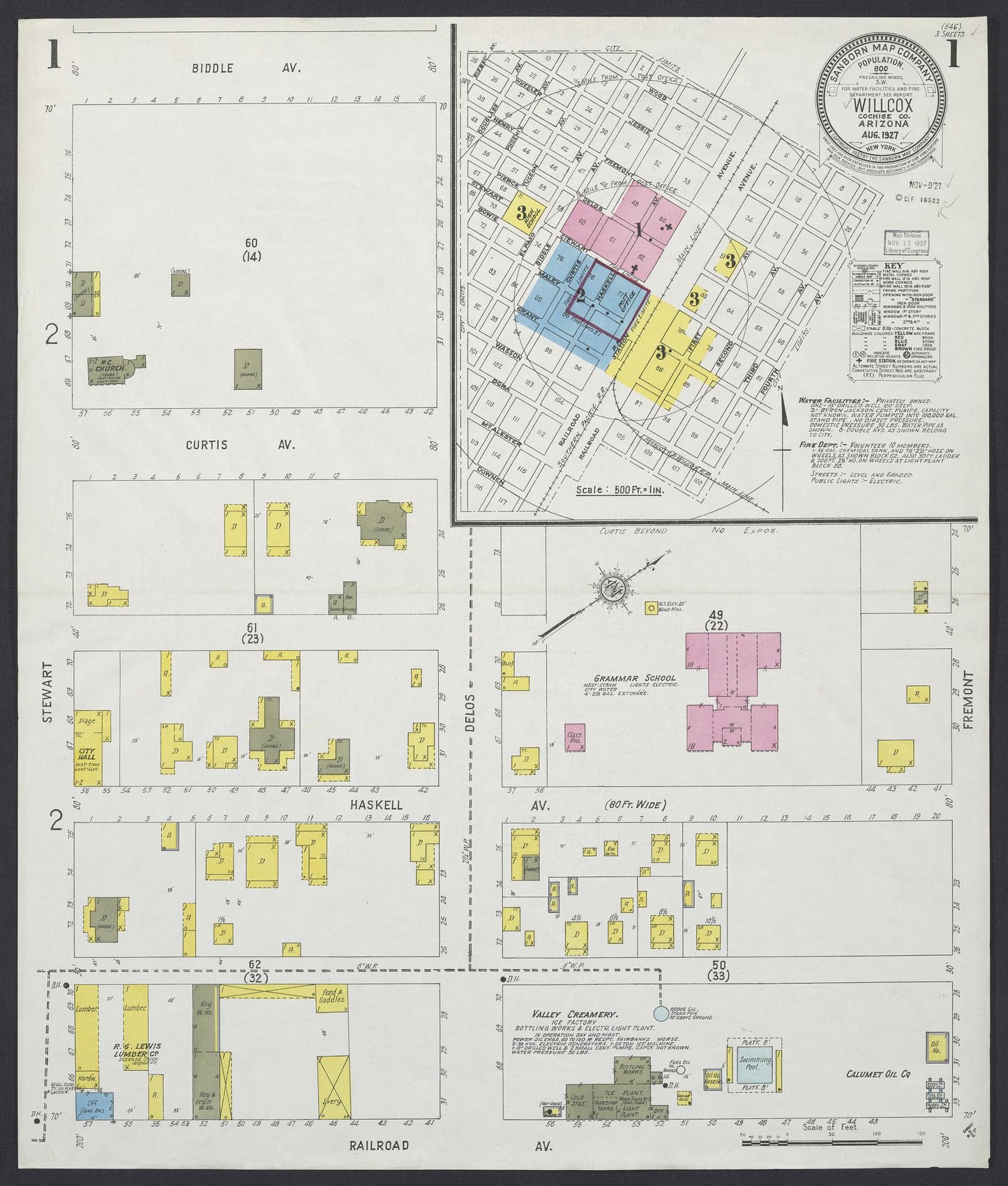 Sanborn Fire Insurance Map from Willcox, Cochise County, Arizona (1927), Sheet #0001 - Complete Map Set gallery image, historic Sanborn map, vintage wall art, Arizona Arizona