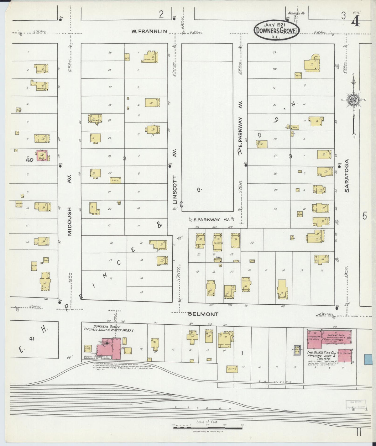Sanborn Fire Insurance Map from Downers Grove, Dupage County, Illinois (1921), Sheet #0004 - Complete Map Set gallery image, historic Sanborn map, vintage wall art, Illinois Illinois