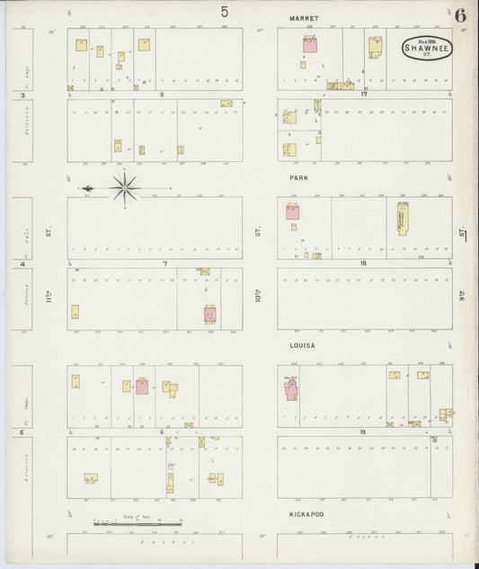 Sanborn Fire Insurance Map from Shawnee, Pottawatomie County, Oklahoma (1896), Sheet #0006 - Historic Sanborn Fire Insurance Map Print, vintage old map wall art, antique decor, genealogy gift, Oklahoma Oklahoma map