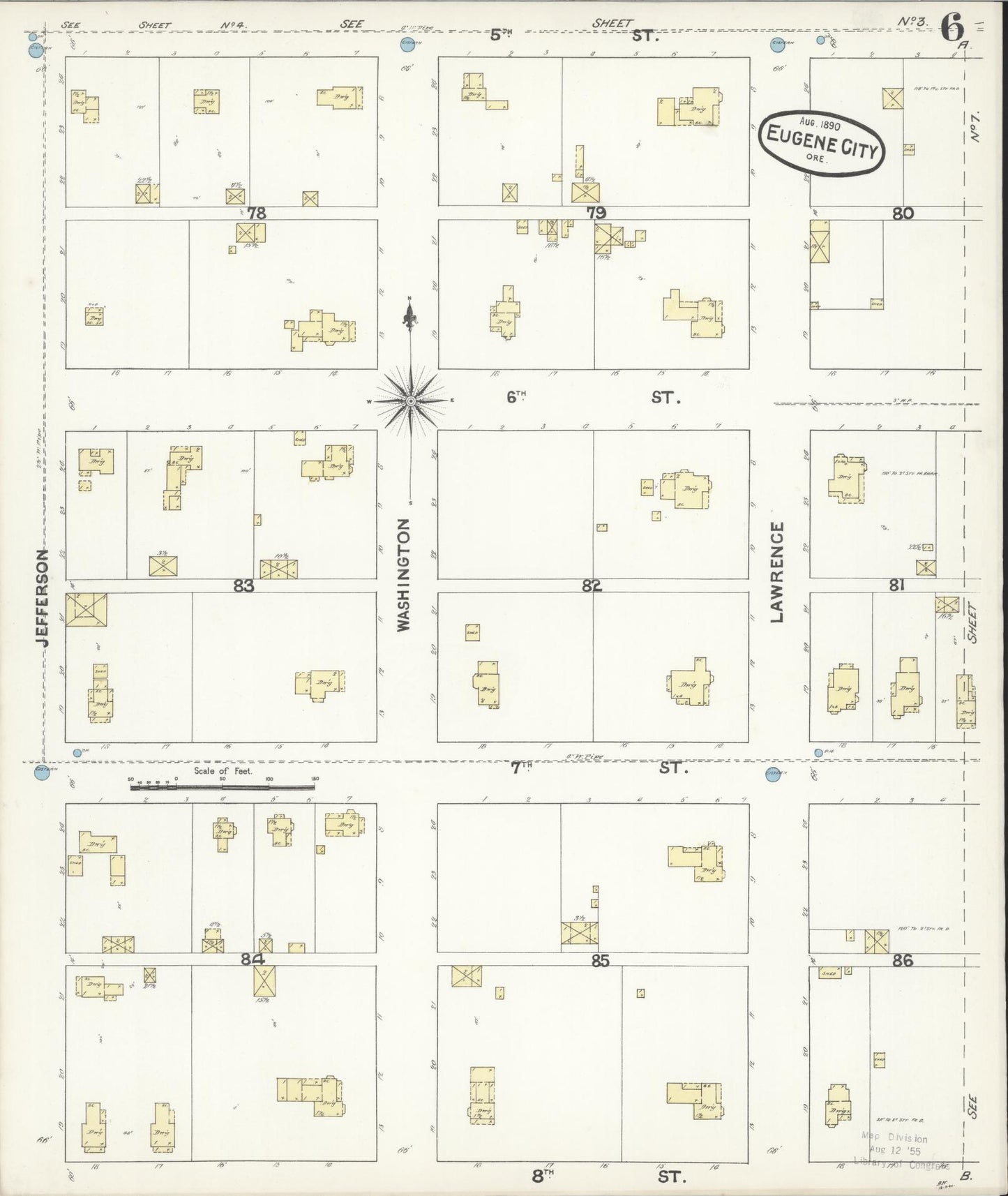 Sanborn Fire Insurance Map from Eugene, Lane County, Oregon (1890), Sheet #0006 - Historic Sanborn Fire Insurance Map Print, vintage old map wall art, antique decor, genealogy gift, Oregon Oregon map